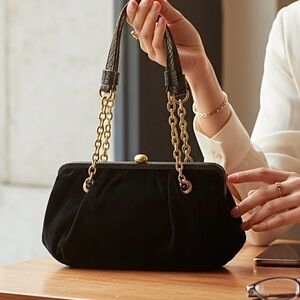 Adrianna Papell Black Velvet Satchel Bag Evening Cocktail Dinner Handbag Purse